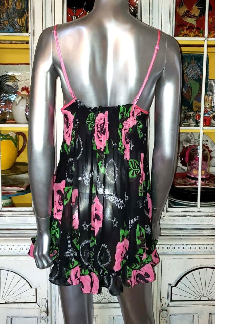 Vintage Betsey Johnson Slip Dress Y2K Black Floral Rose Jewelry Print Babydoll S - Picture 11 of 15